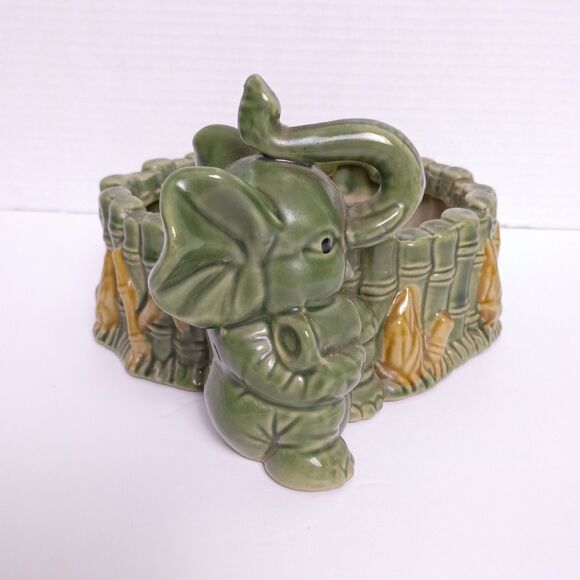 Majolica Pottery Lucky Happy Trunk Up Elephant with Bamboo Vintage Planter - Picture 3 of 11
